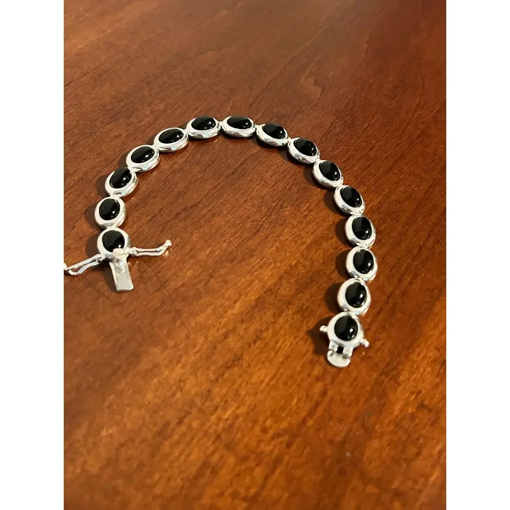925 Sterling Silver Bezel Set Oval Black Onyx Link Bracelet 7.5